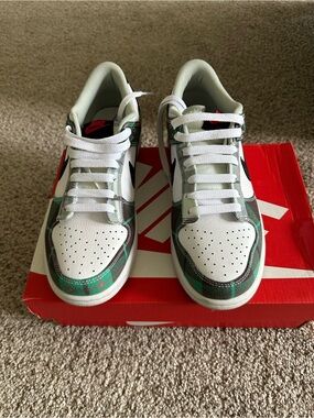 Women’s  Nike Low-Top Sneakers in White, Green Plaid and Black